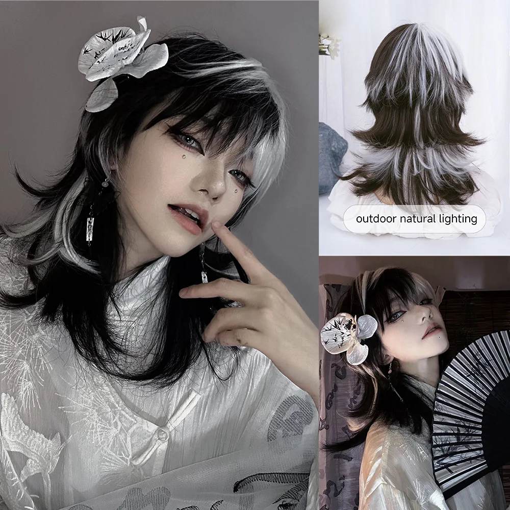 Synthetic Braided Wigs For Black Women - 16-calowe czarno-białe peruki syntetyczne z grzywką
